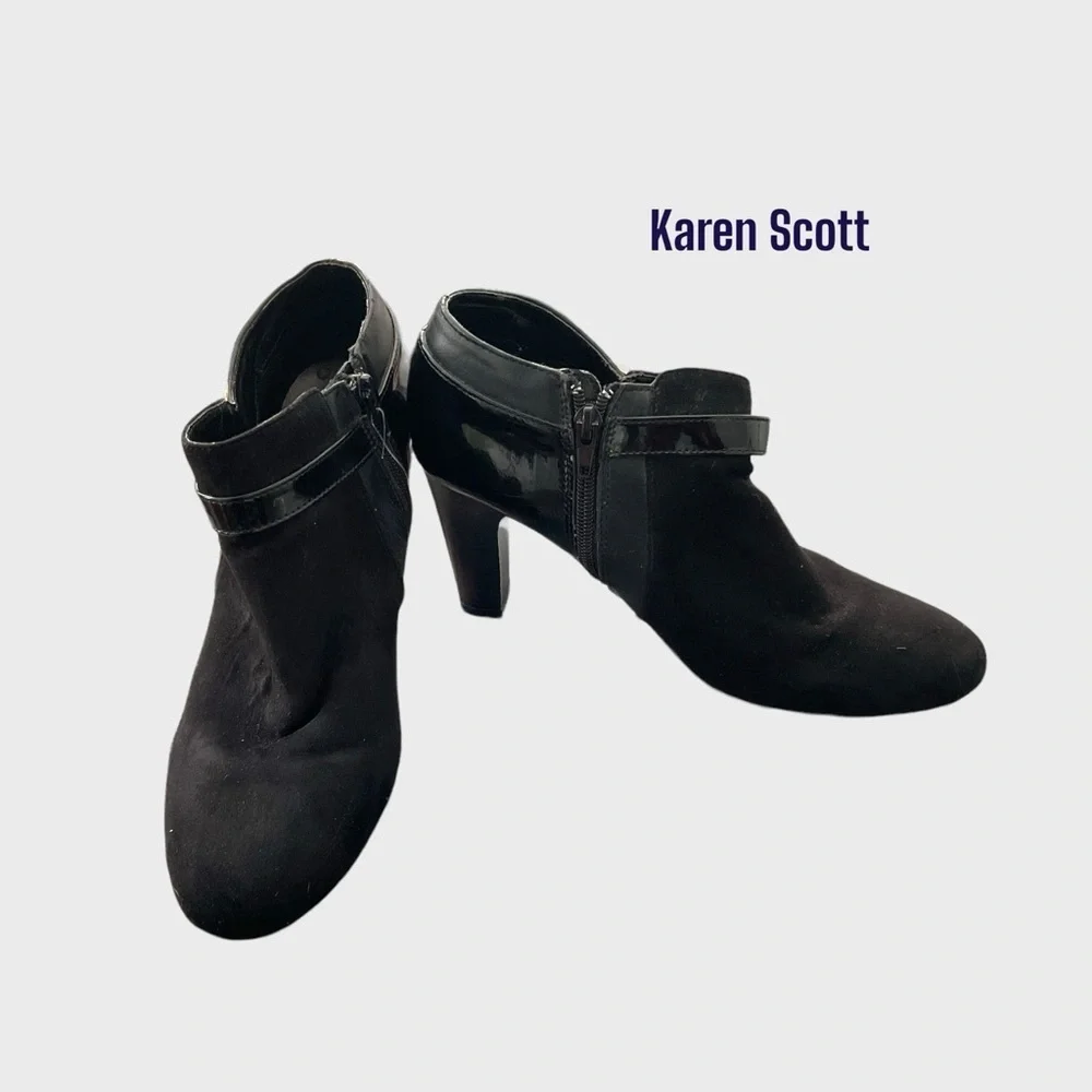 Karen Scott Black High Heel Bootie Zip Up Suede Patent Leather Buckle Sz 8 1/2 M